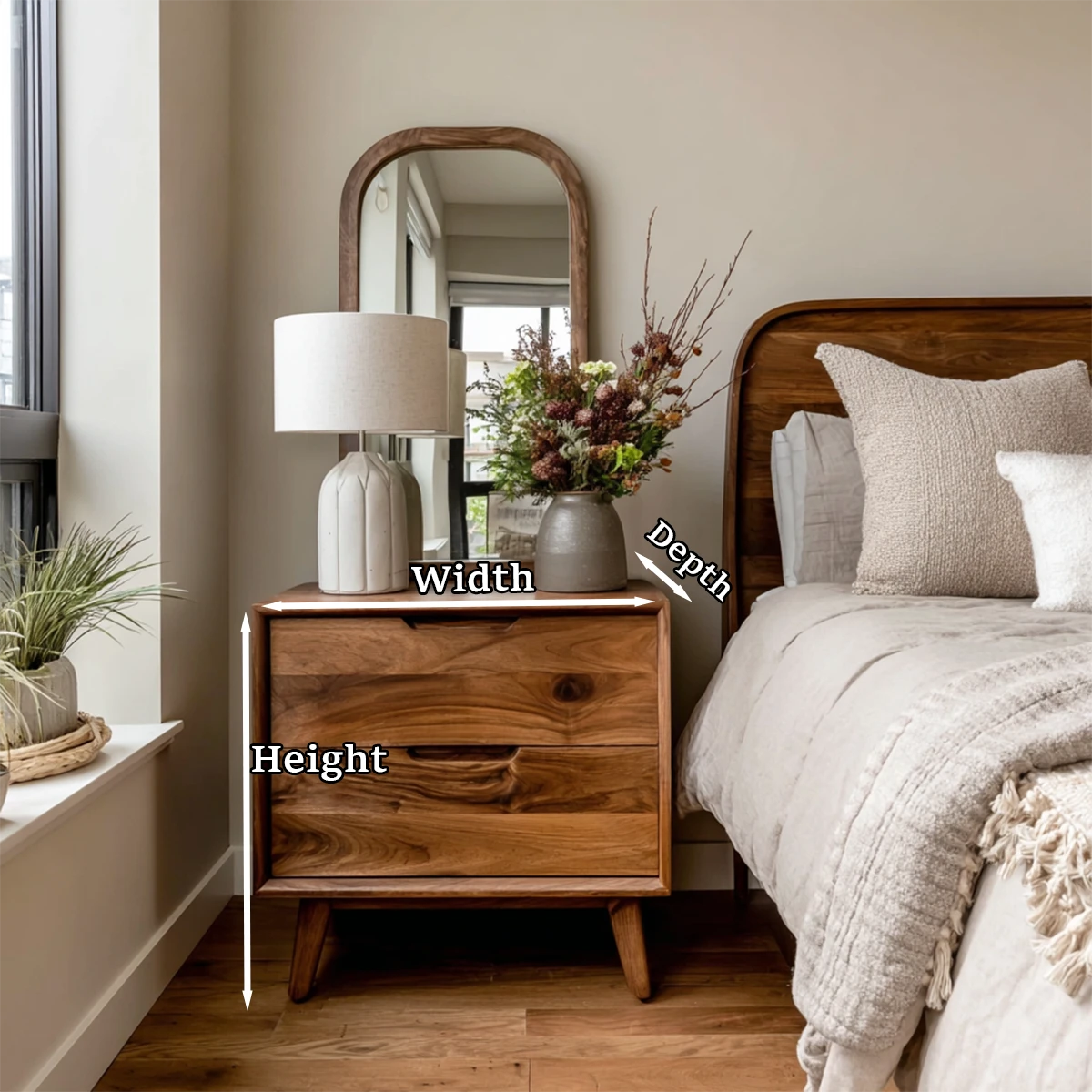 Timeless bedside storage piece featuring expressive grain pattern and polished walnut tone finish