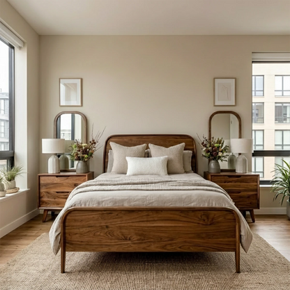 Elegant bedroom nightstand designed with organic grain detail and warm walnut tone finish