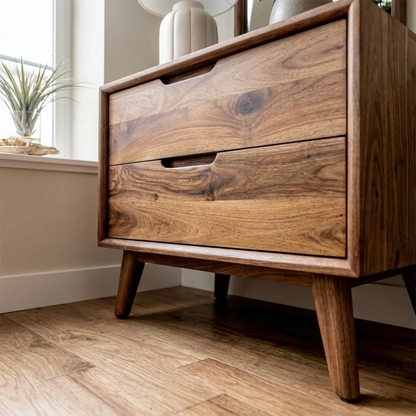 Classic bedroom nightstand featuring prominent grain character and smooth walnut tone finish