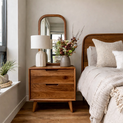 Minimalist bedside cabinet showcasing organic surface patterns and warm brown tone finish