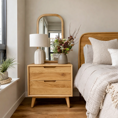 Stylish bedroom side table featuring natural inspired grain visuals and oak tone finish