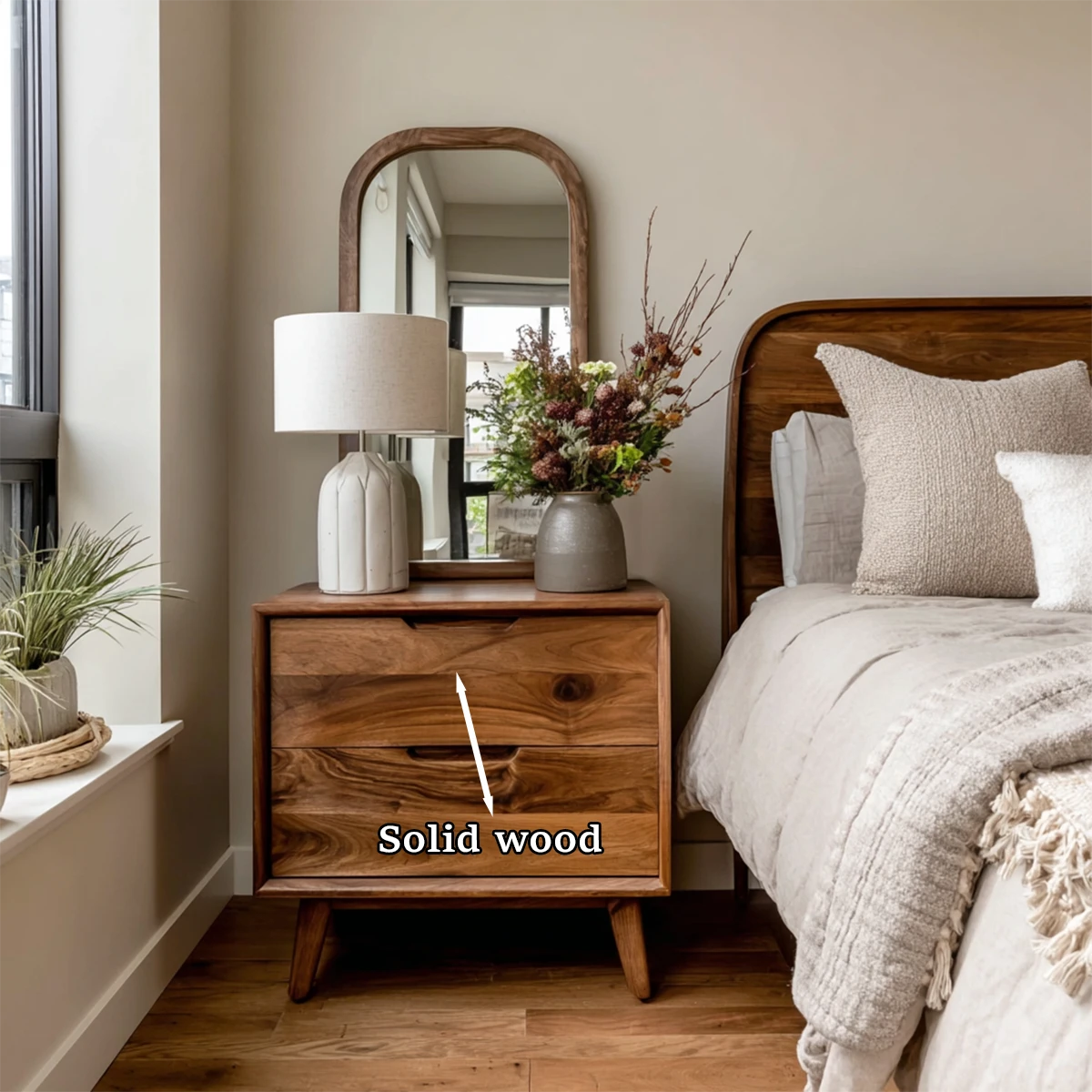 Modern bedroom nightstand showcasing nature inspired drawer fronts and walnut tone finish