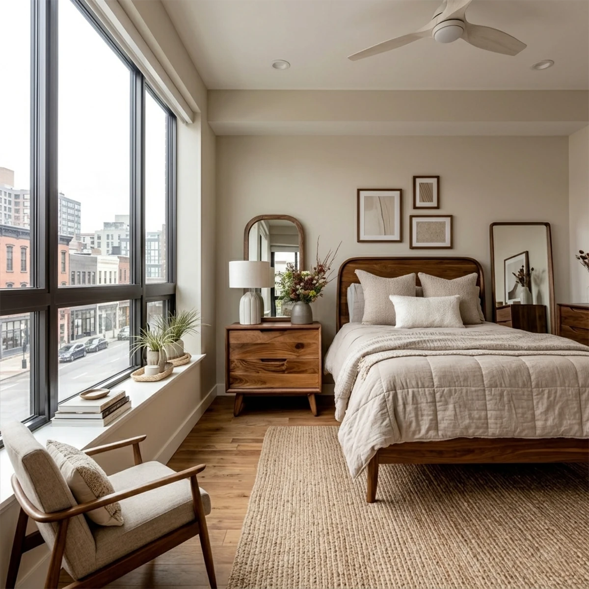 Modern bedside table showcasing visible wood grain patterns and refined walnut tone finish