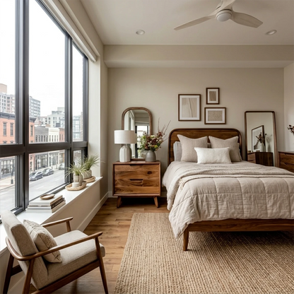 Modern bedside table showcasing visible wood grain patterns and refined walnut tone finish