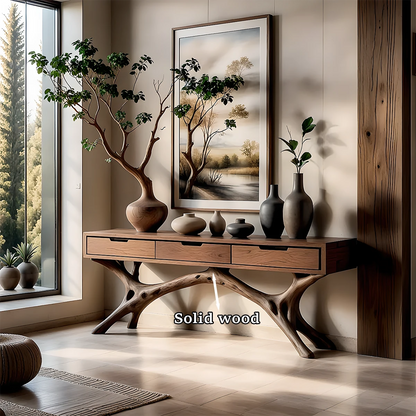 Elegant interior featuring a wood console table with storage and flowing organic base design