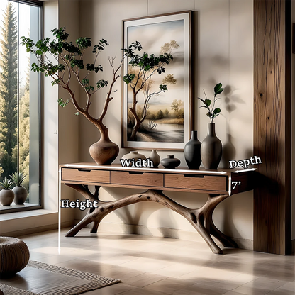 Handcrafted console table with branch base and drawers brings balance to this modern hallway