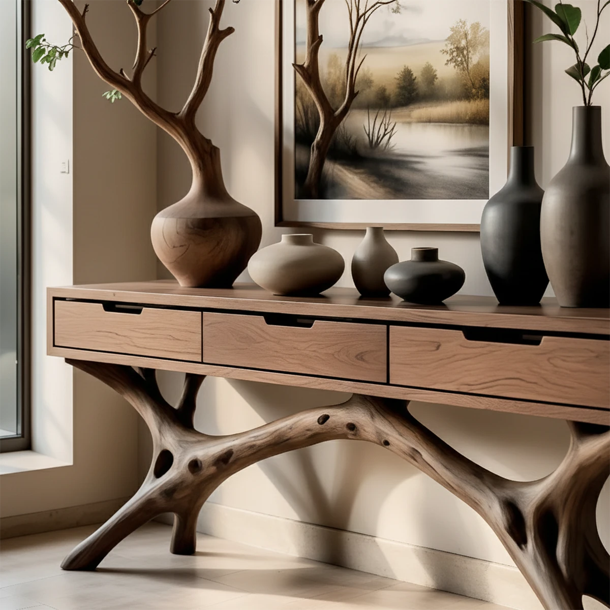 In this elegant entryway, a wood console table combines sculptural base with practical storage