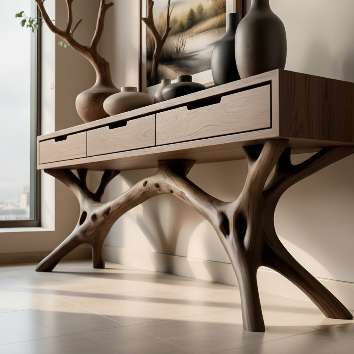 Natural wood console table with drawers enhances this warm and minimalist home interior