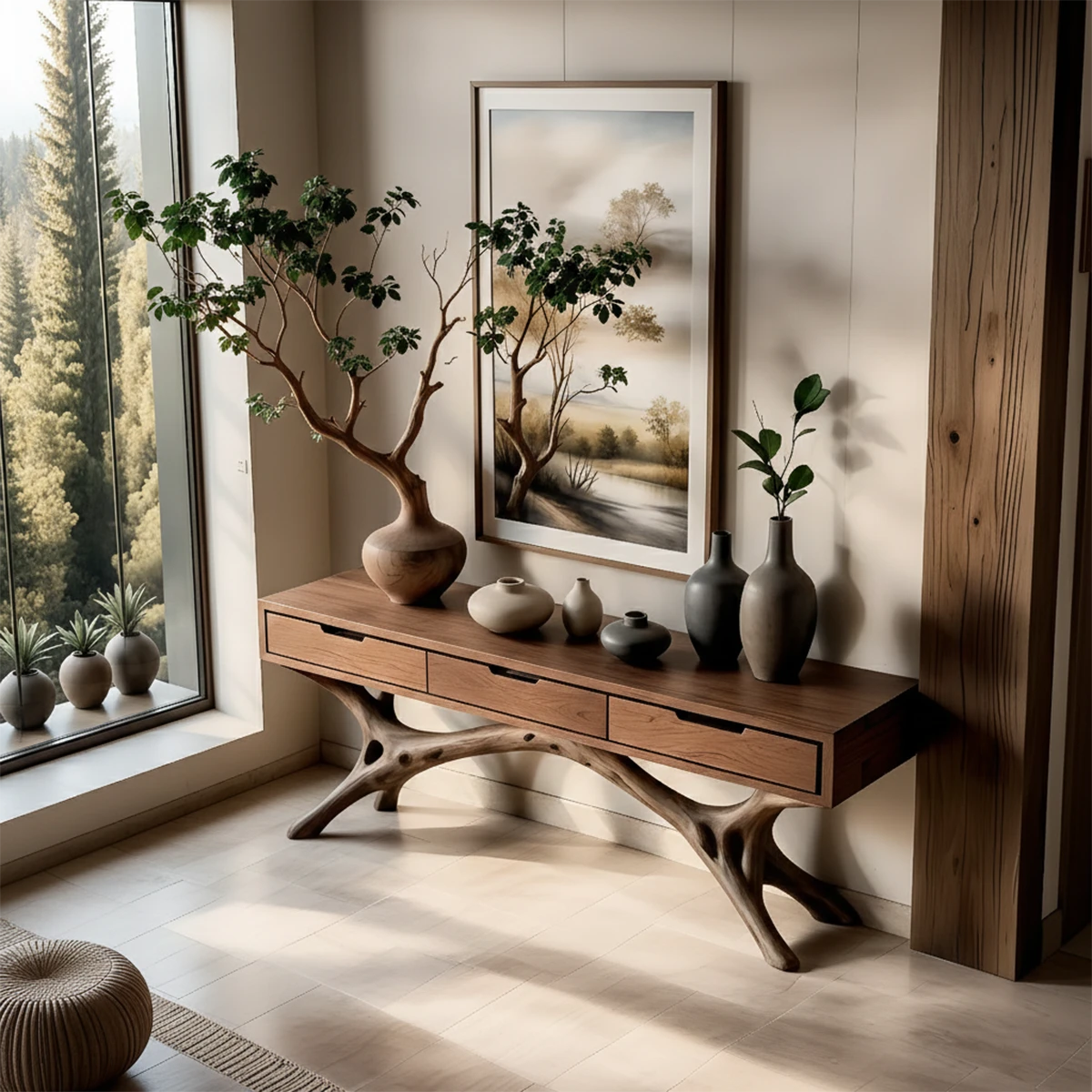 Refined hallway showcasing a handcrafted console table with organic base and clean drawer design
