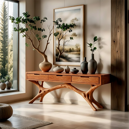 A modern console table with branch style structure blends storage and artistic form seamlessly