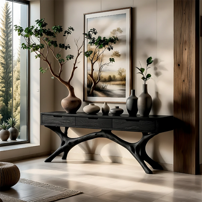 This entry space highlights a console table with drawers and natural wood sculptural base