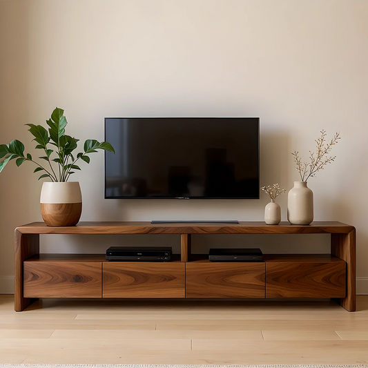 Rich brown TV stand with organic grain front panels and clean lines in a modern living room