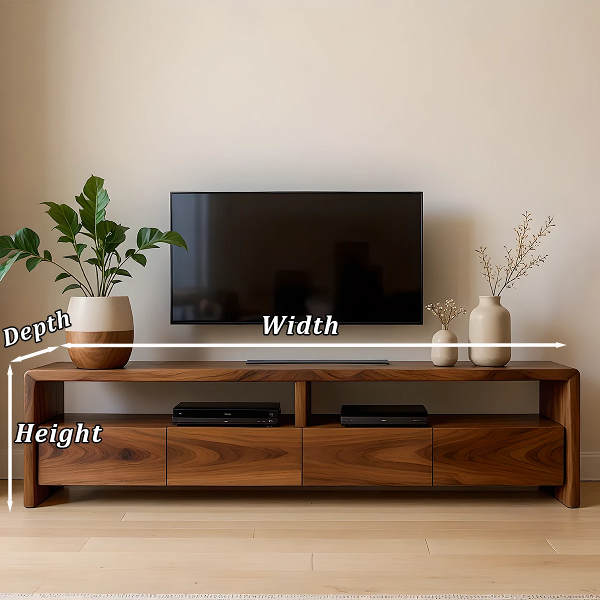 Rich brown TV stand with low profile design and natural grain visual in a bright space
