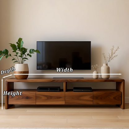 Rich brown TV stand with low profile design and natural grain visual in a bright space