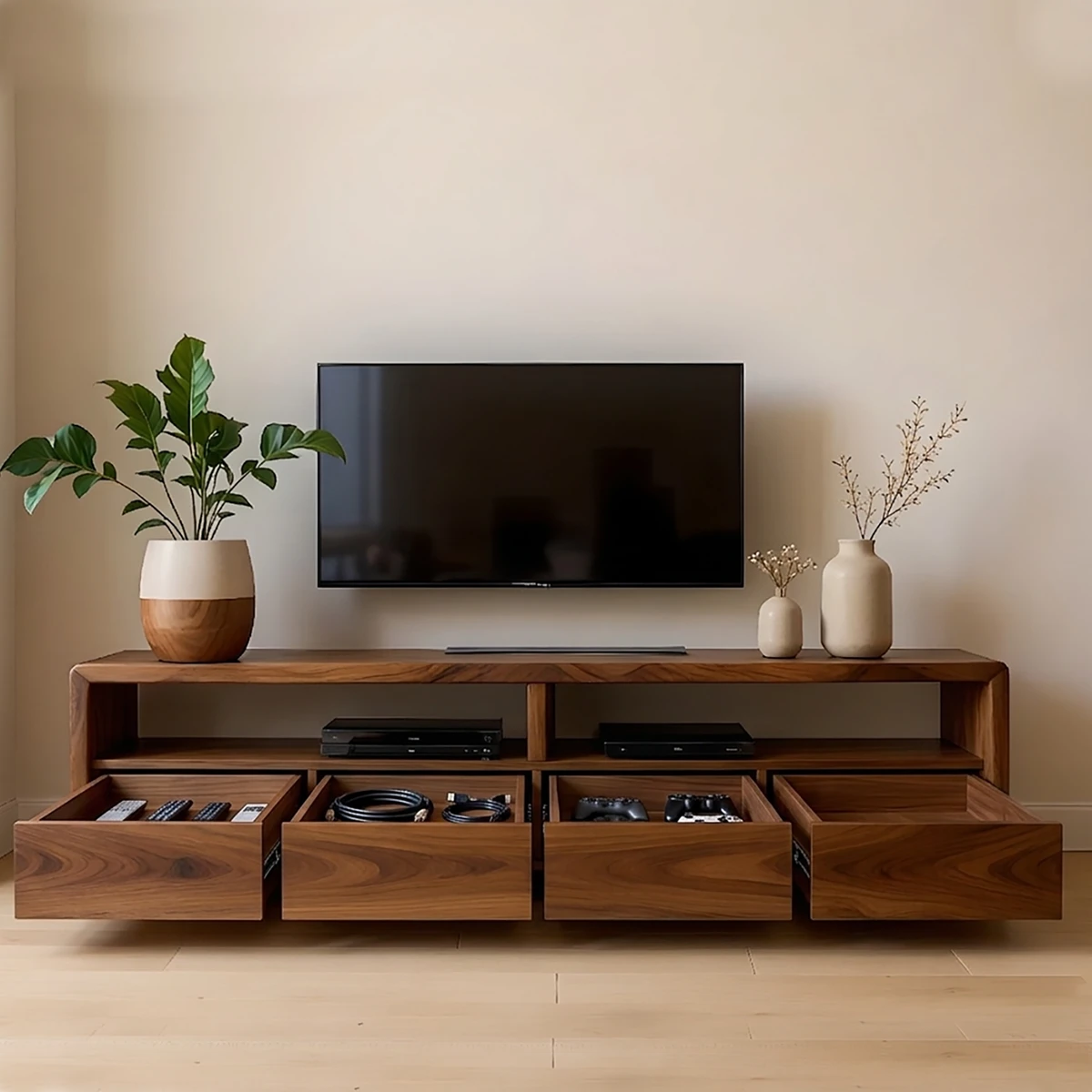Modern Minimalist Low Profile TV Stand Solid Wood Media Console