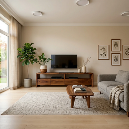 Modern TV stand in rich brown tone with flowing grain pattern and low profile in a bright interior