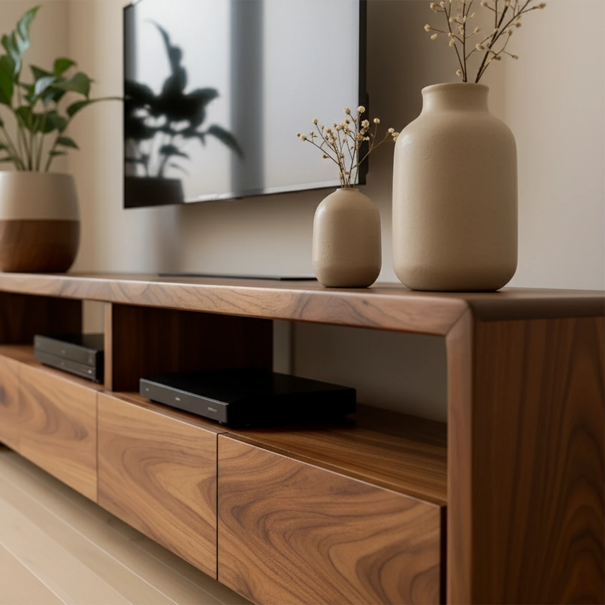 Rich brown TV stand with smooth surface and natural grain detail in a minimalist living space