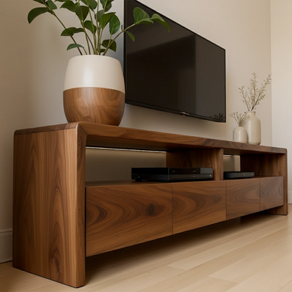 Contemporary TV stand in rich brown tone with sculpted front panels and sleek low design