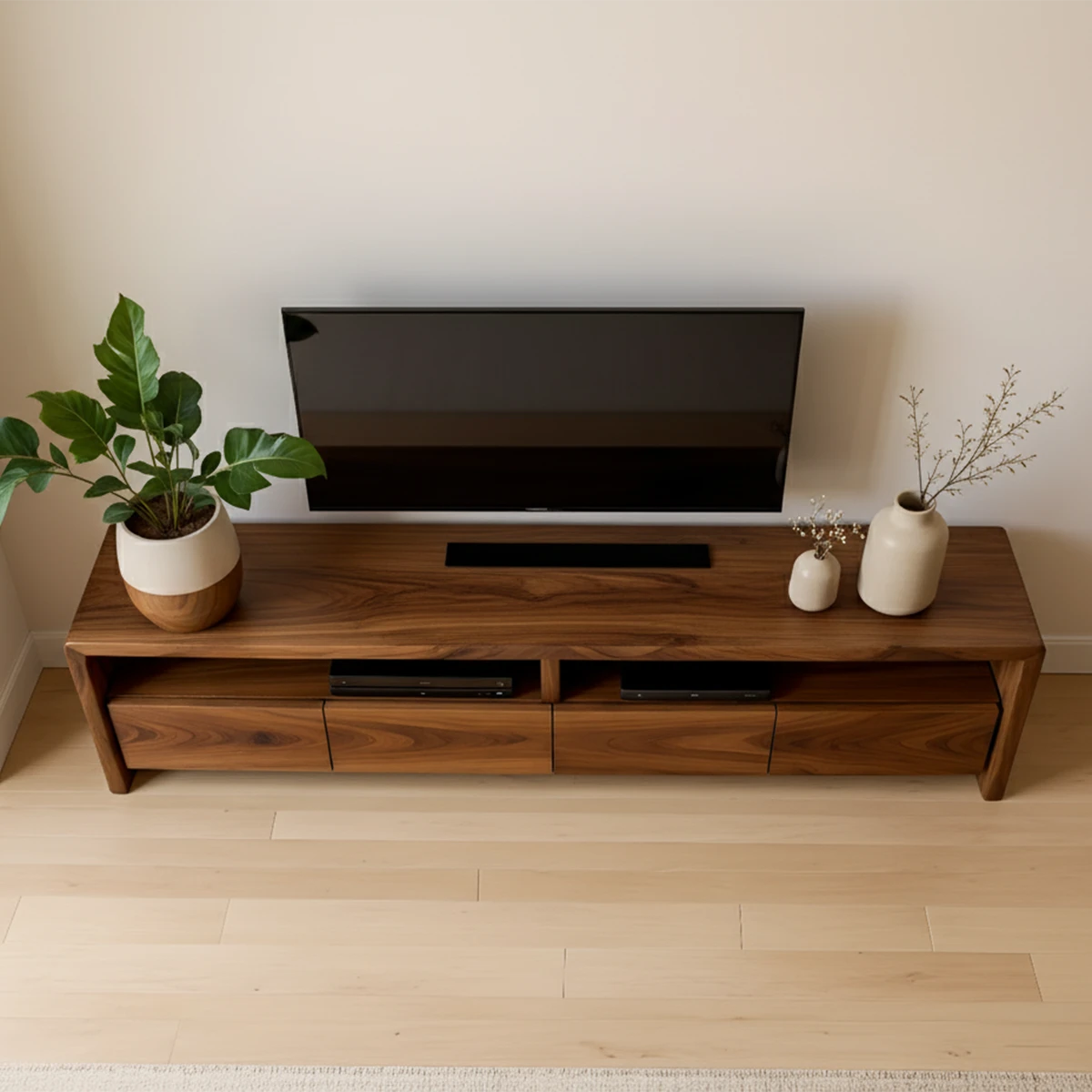 Rich brown TV stand with seamless cabinet design and organic grain texture in a modern room