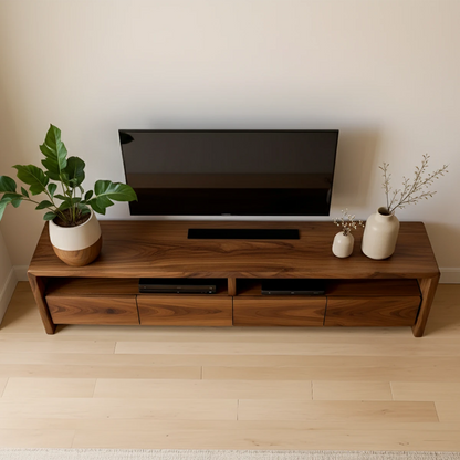 Rich brown TV stand with seamless cabinet design and organic grain texture in a modern room