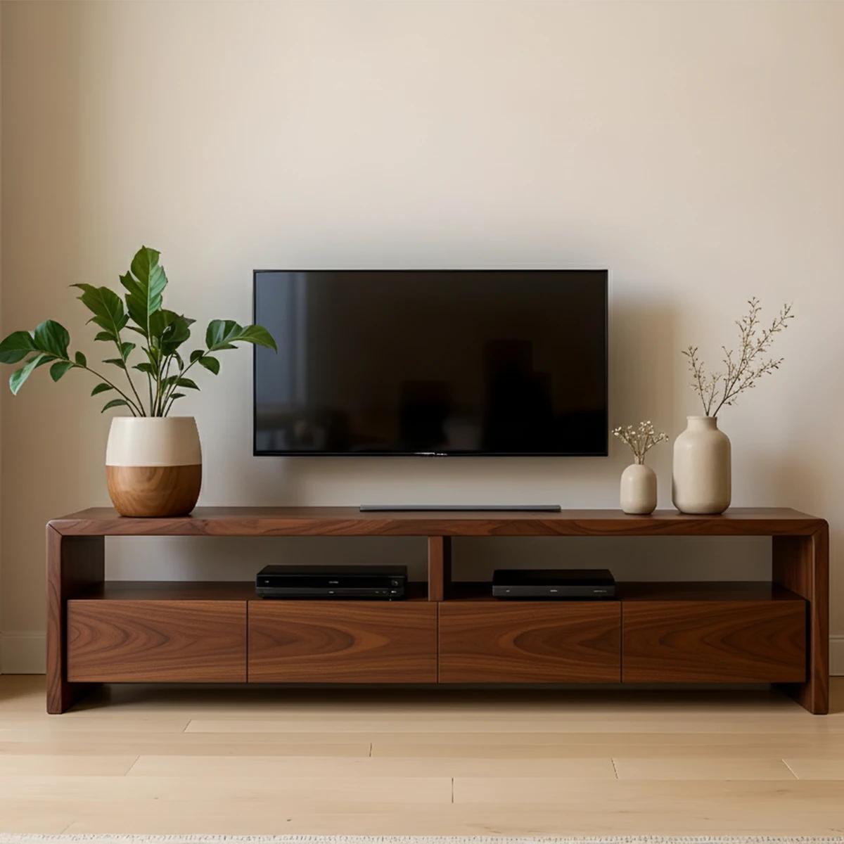 TV stand in rich walnut tone with clean silhouette and flowing grain pattern in a neutral interior