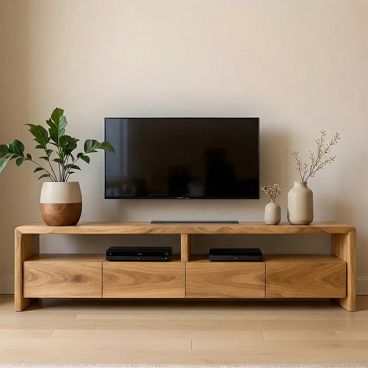 Rich oak TV stand with minimal form and smooth grain detail in a contemporary setting