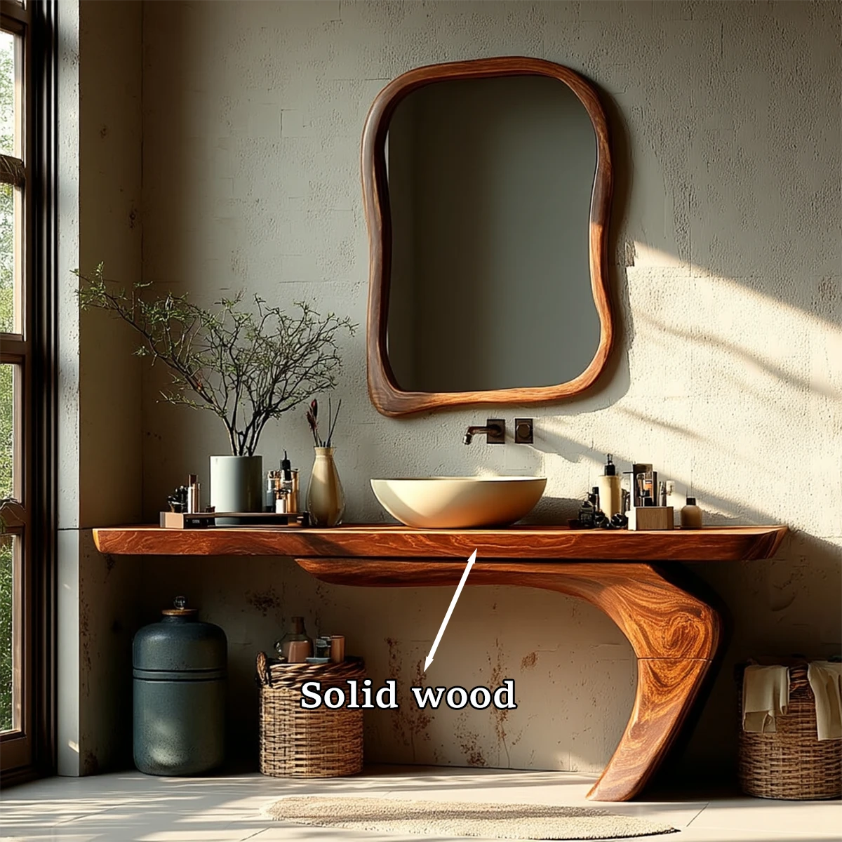 Contemporary setup with modern wood bathroom vanity and decor.