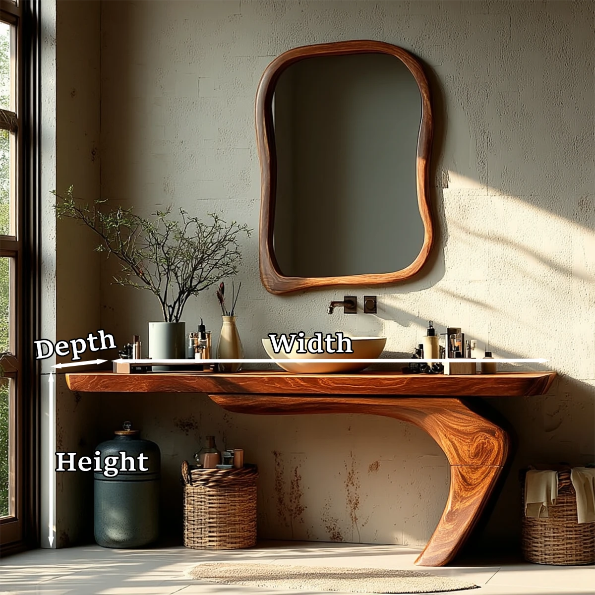 Minimalist bathroom with brown wooden sink vanity and vessel basin.