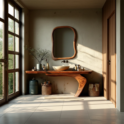 Minimal bathroom with brown wood bathroom vanity and organic mirror.