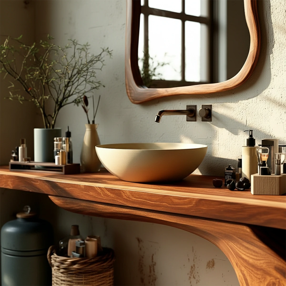 Elegant space with brown bathroom vanity and sculptural base.