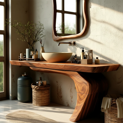 Contemporary bathroom with natural wood vanity cabinet and decor.