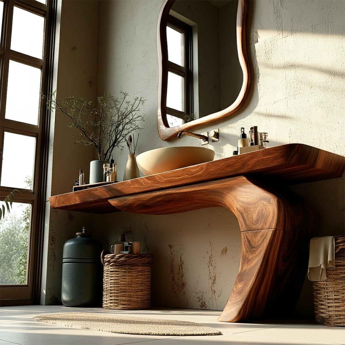 Warm bathroom design with brown floating vanity and soft sunlight.