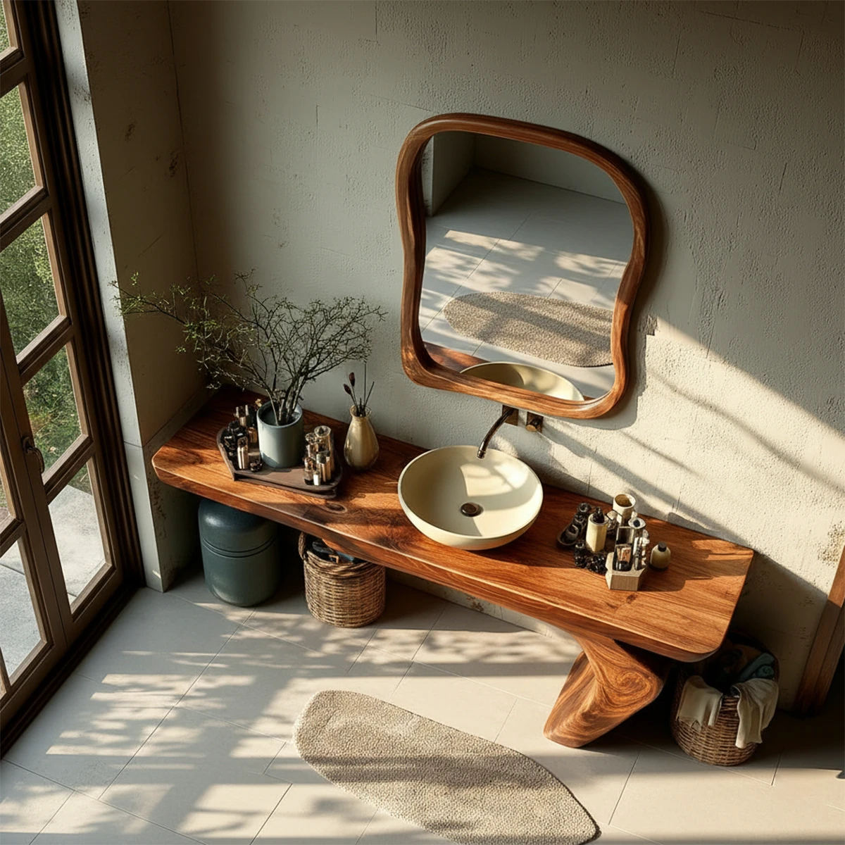 Stylish interior featuring wood bathroom sink cabinet and round basin.