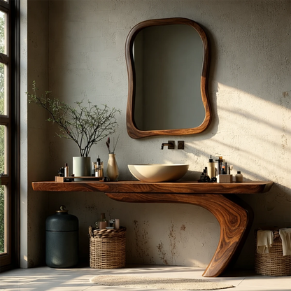 Modern spa bathroom with solid wood vanity unit and natural grain.