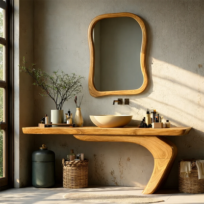 Natural style bathroom with brown vanity table for bathroom.