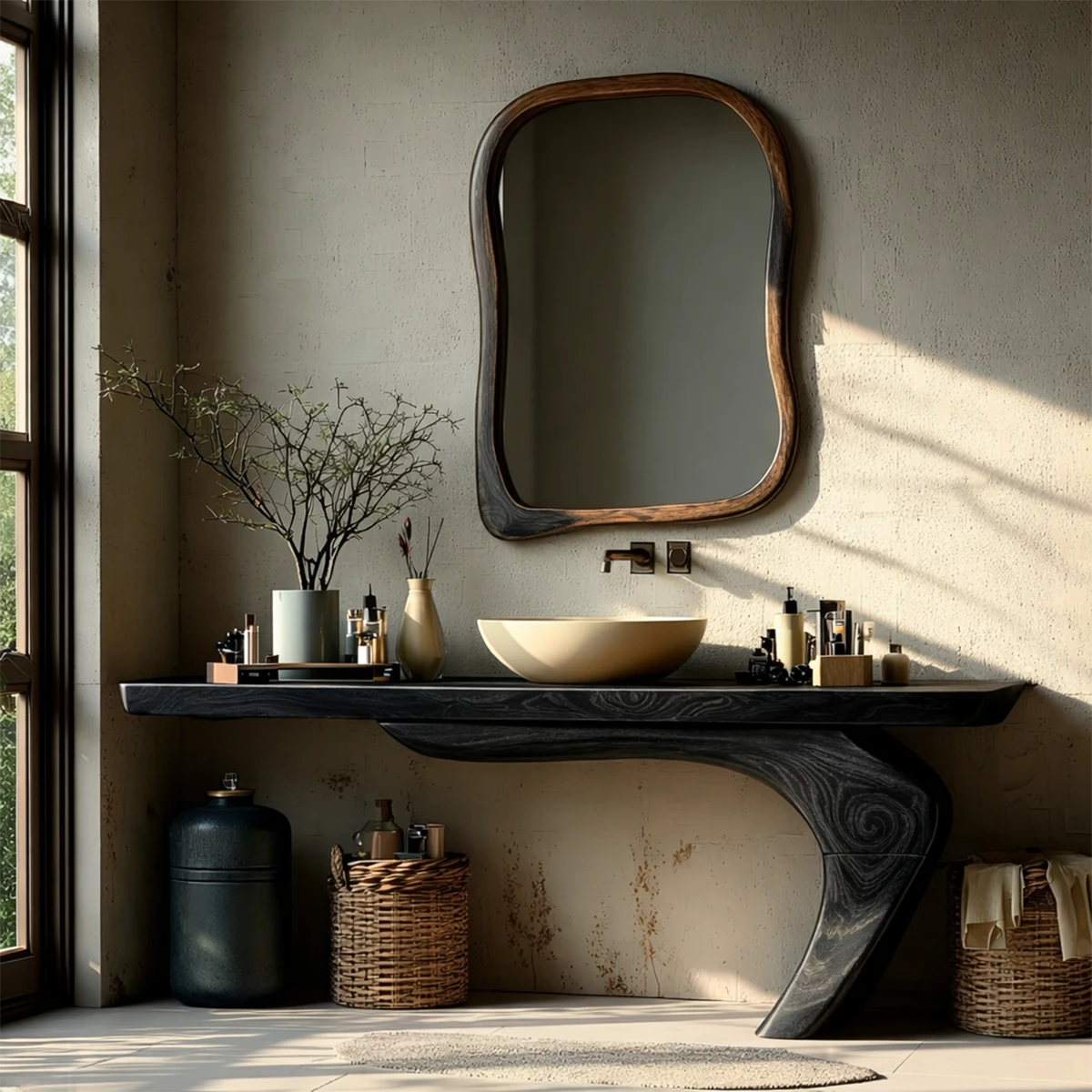 Luxury bathroom interior with designer wood bathroom vanity.