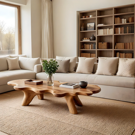 Sculptural brown wood coffee table with freeform top