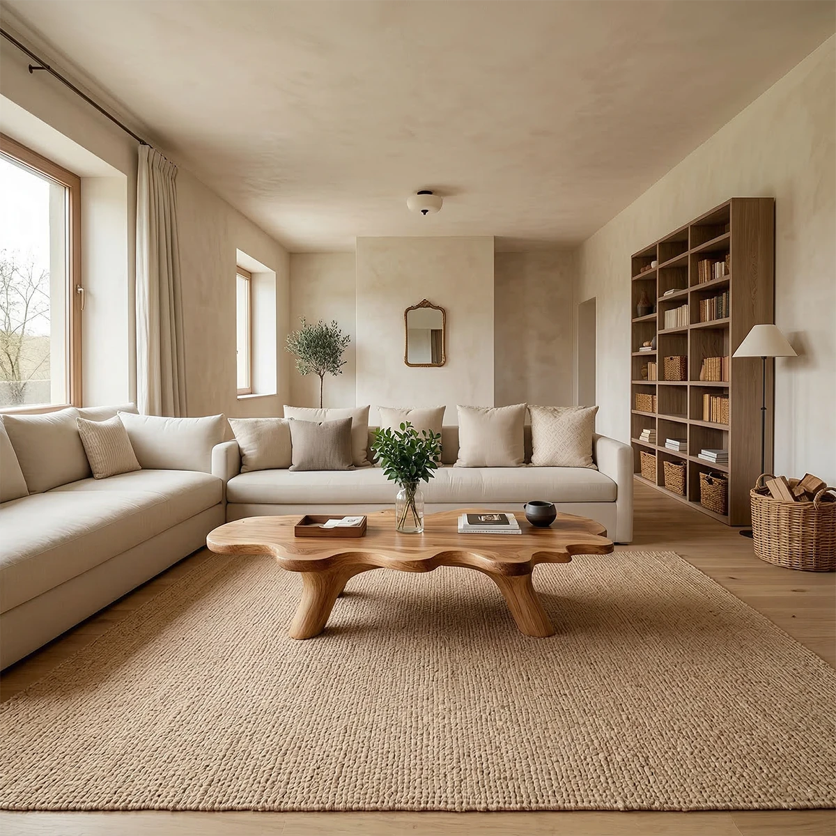 Organic brown wood coffee table with wave edge top