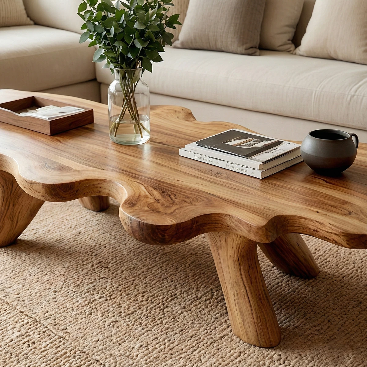 Modern brown coffee table with organic wave design