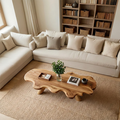 Natural brown wood coffee table with curved legs