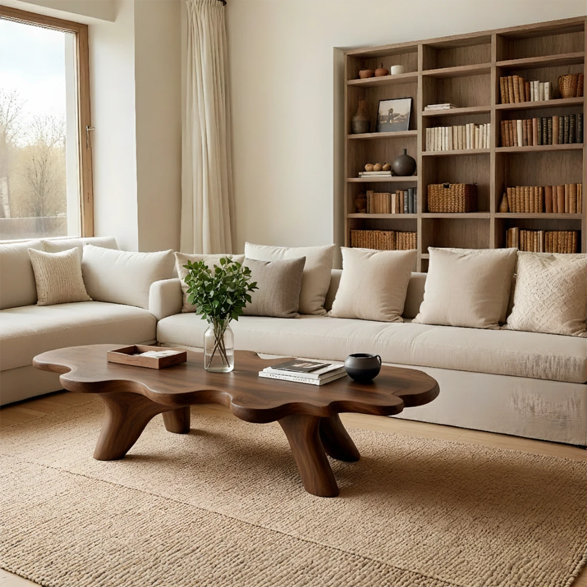 Artistic brown wood coffee table with flowing edge