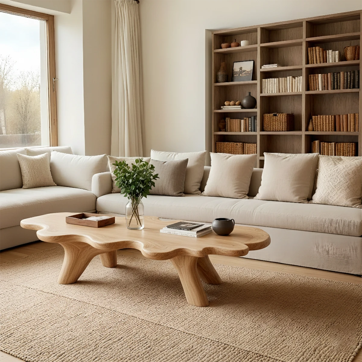 Contemporary brown coffee table with sculpted base