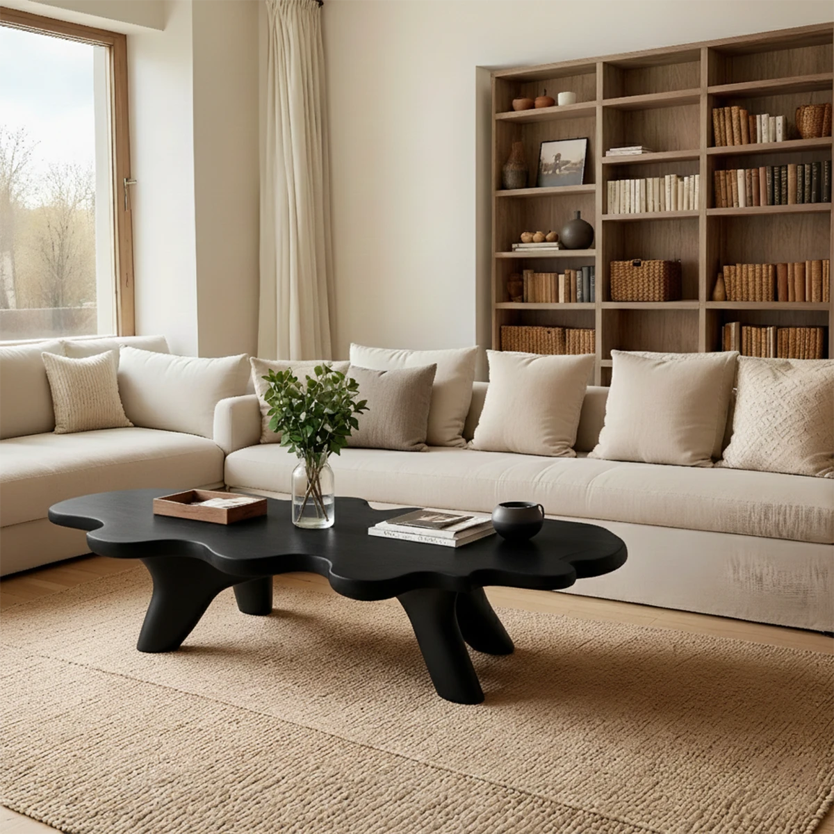 Minimal brown wood coffee table with organic shape