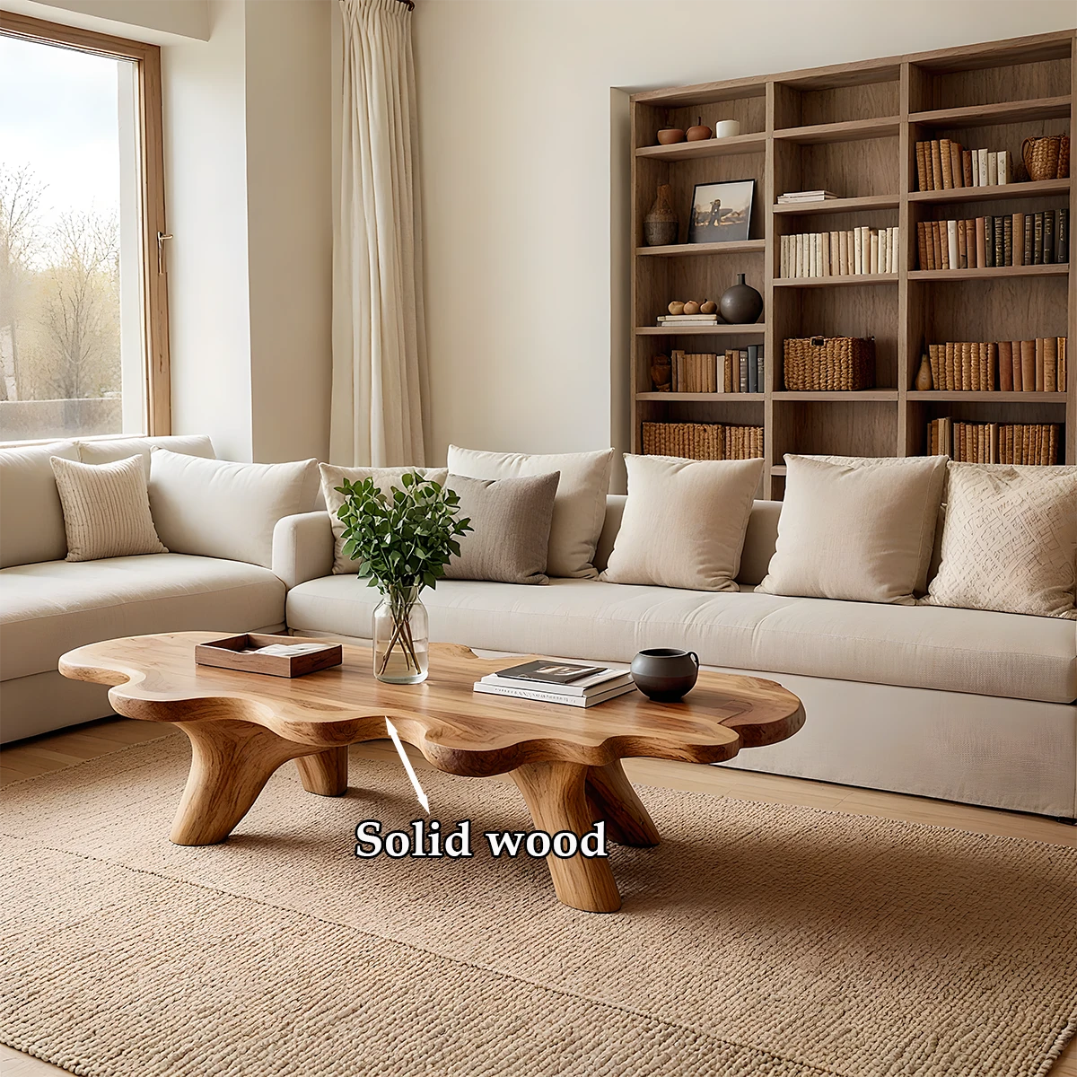 Handcrafted brown wood coffee table with wave top