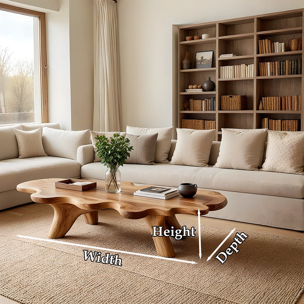 Designer brown coffee table with fluid wood form