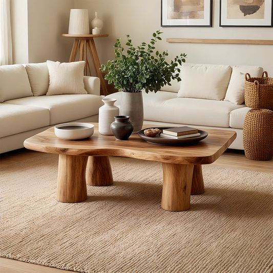 Organic brown wood coffee table with pillar legs