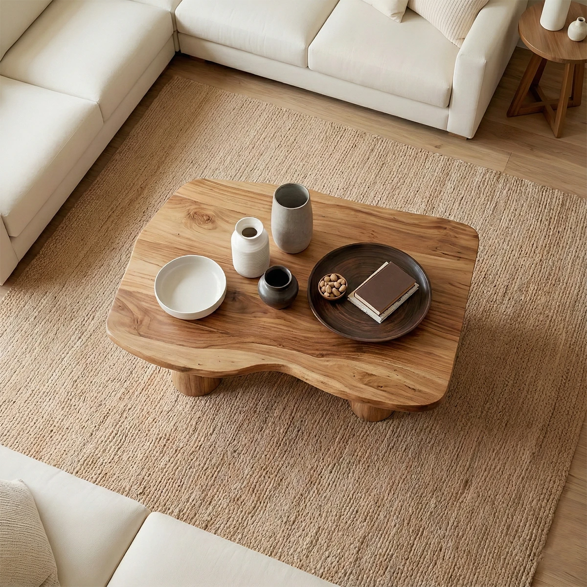 Natural brown wood coffee table with soft edge top