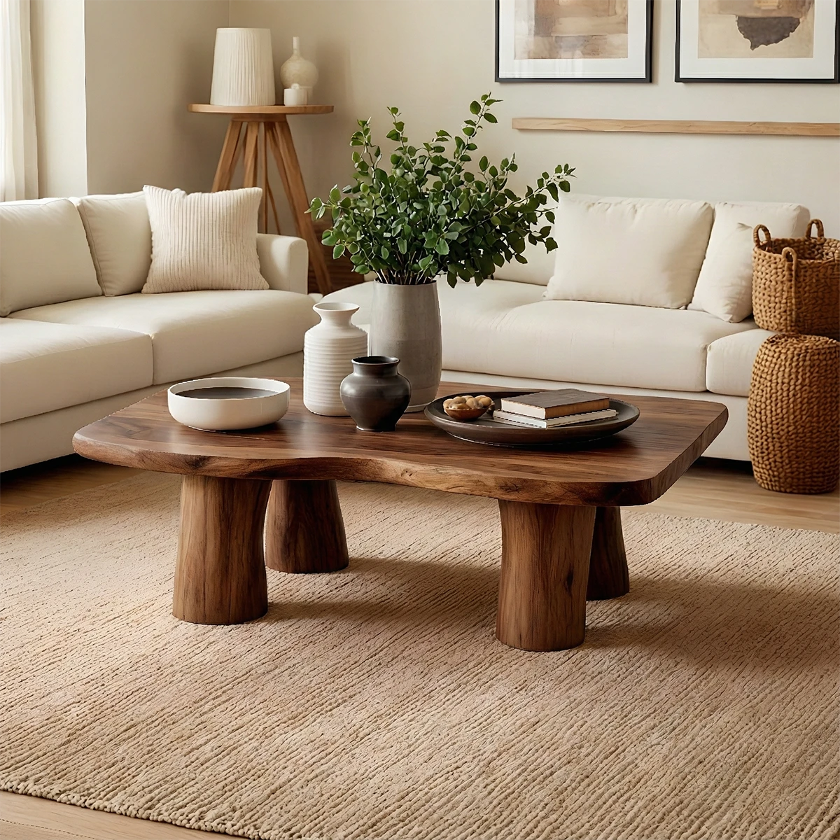 Contemporary brown coffee table with solid pillar base