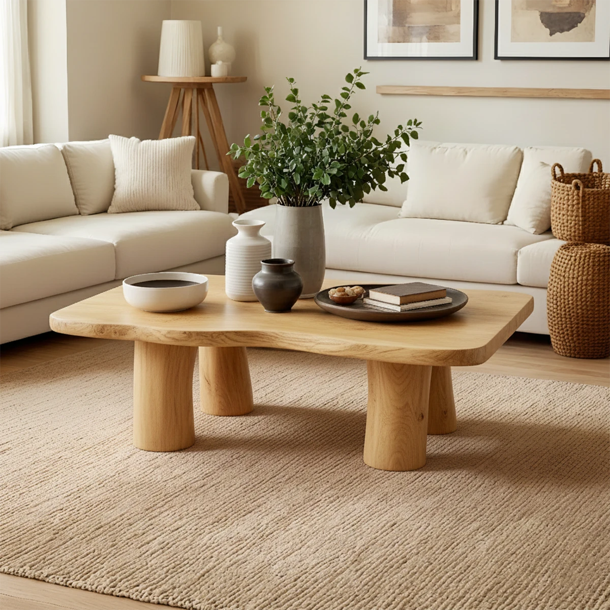 Minimal brown wood coffee table with organic form