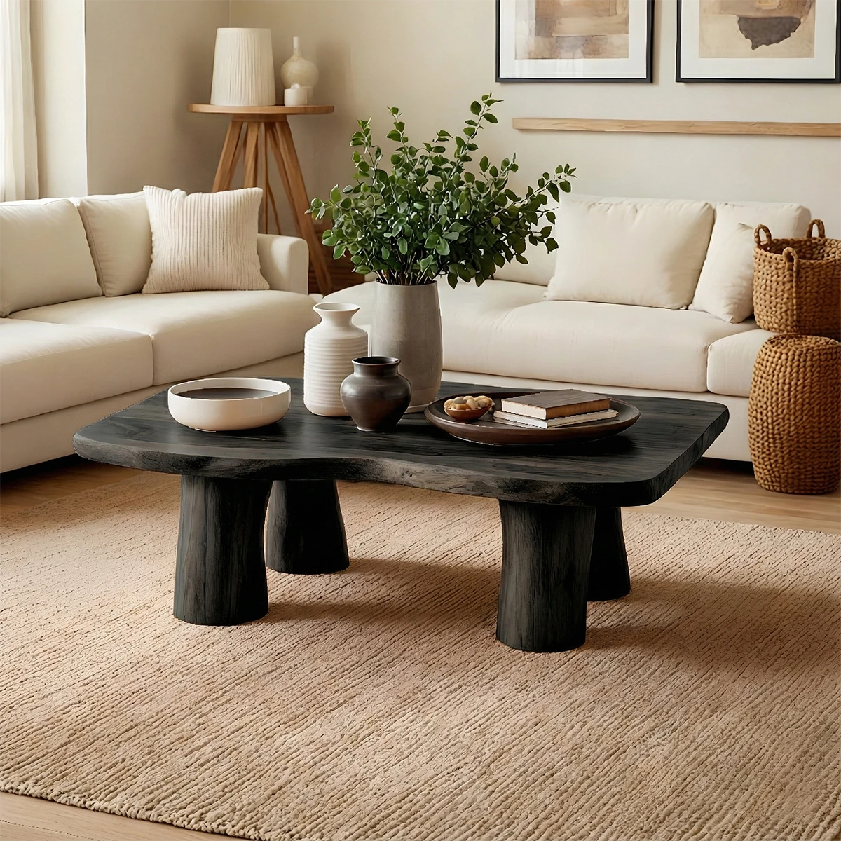 Handcrafted brown wood coffee table with thick legs